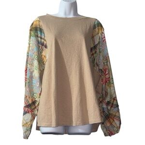 Easel Tan Top with Multicolor Sleeves